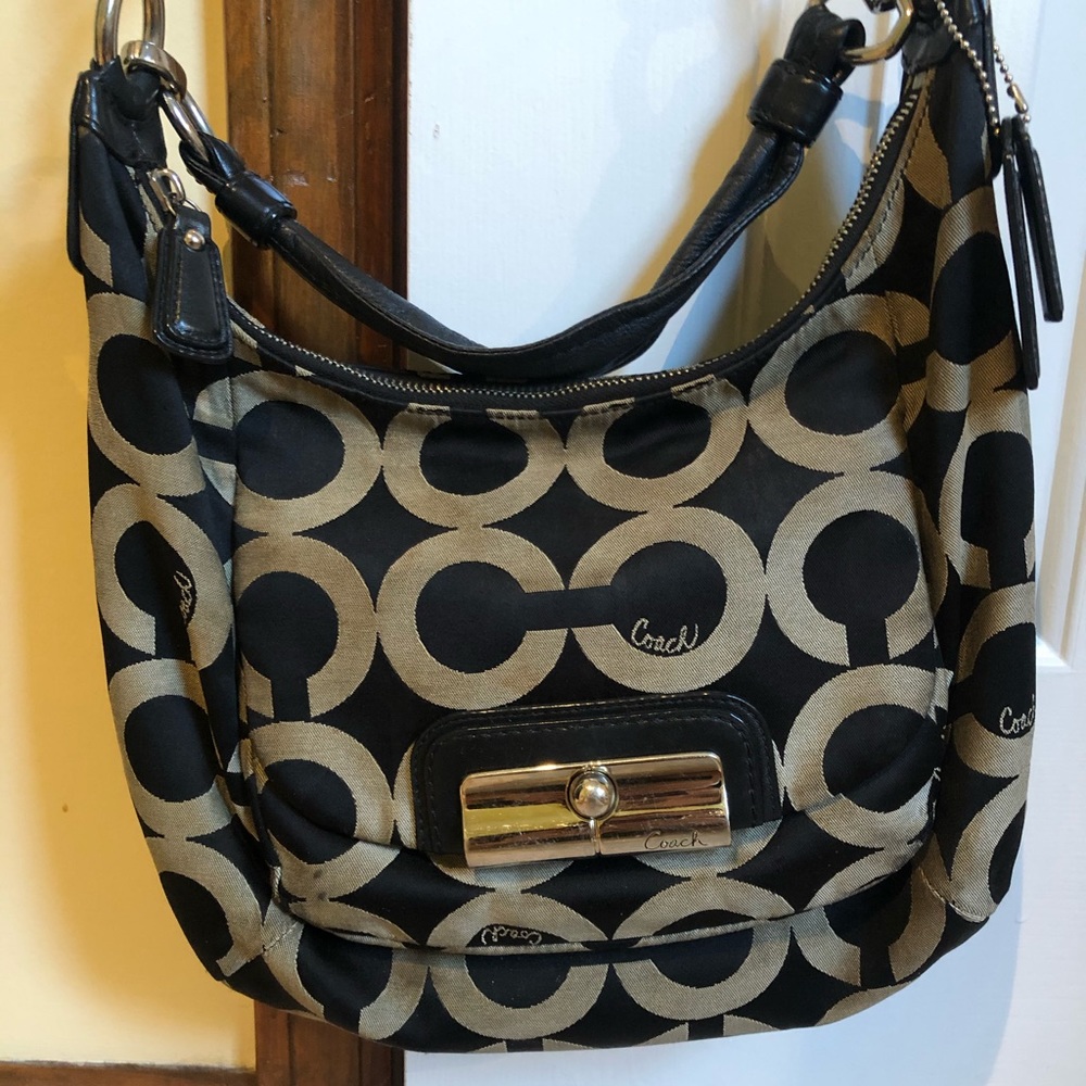 Coach Signature Stripe Gray/Black Canvas Hobo Bag